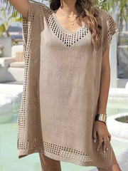  Knitted Bat Sleeve V Neck Split Cover Up Dress