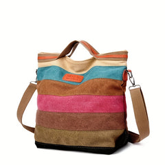 Rainbow Canvas Tote Bag Vintage Stitching Shoulder Bag