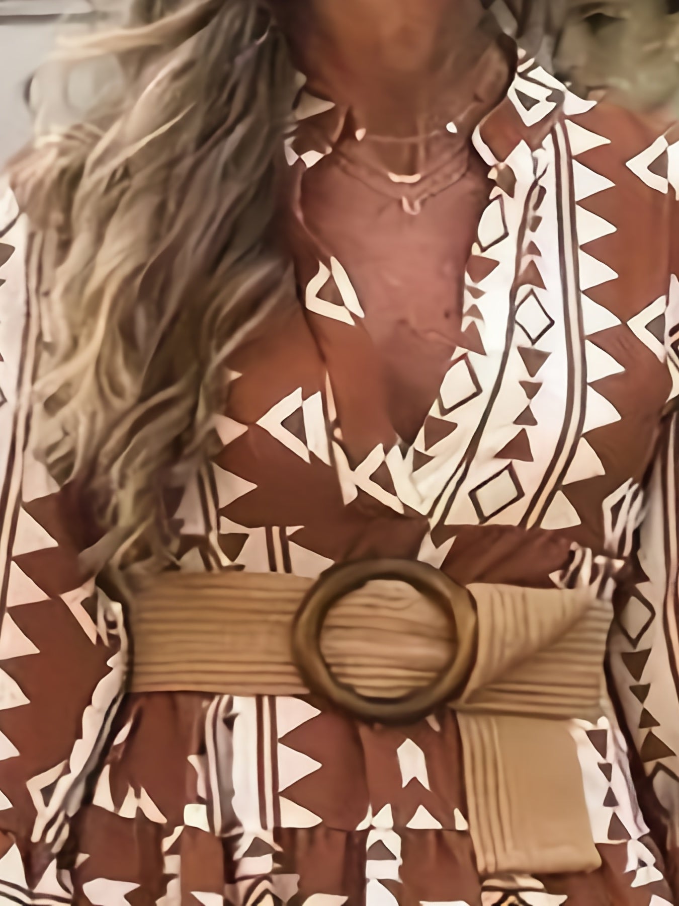  Bell Sleeve Geometric Print V Neck Smock Mini Dress