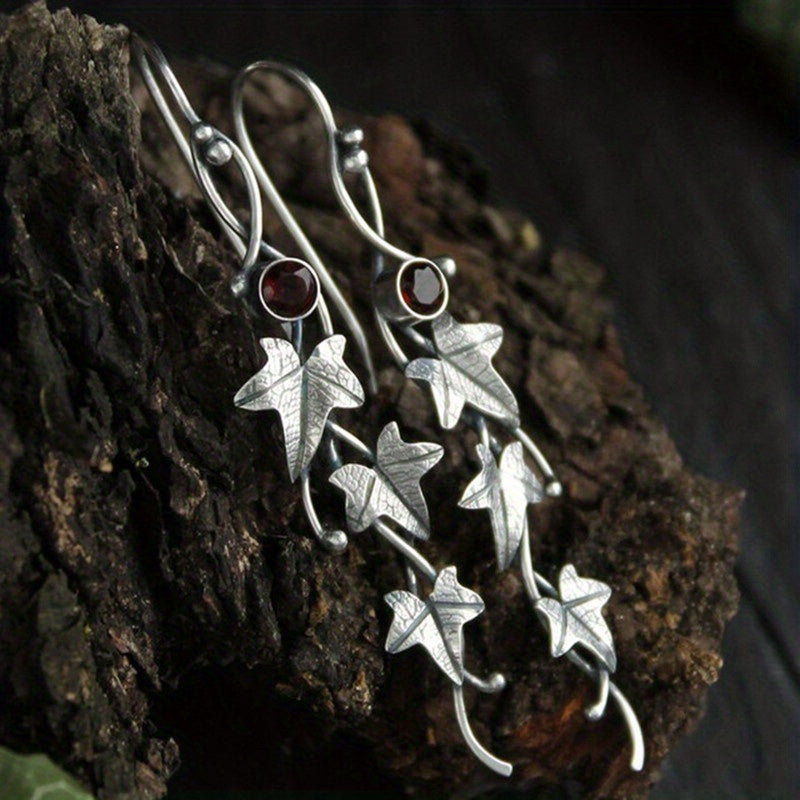 Men's Silver Leaf Dangle Earrings with Colorful Gemstones