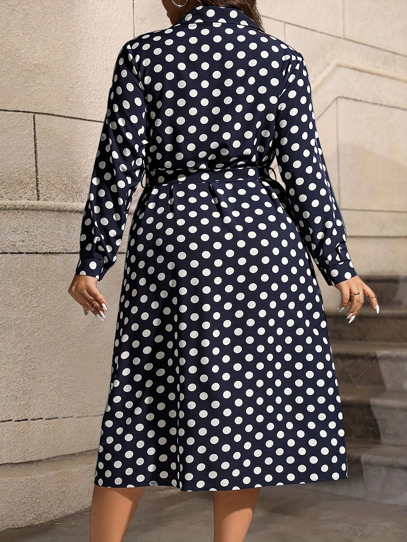  Polka Dot Button Up Long Sleeve Shirt Dress