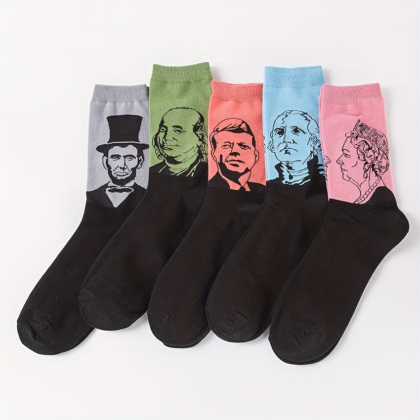 5 Pairs Portrait Print Socks Women's Mid Tube Stockings & Hosiery