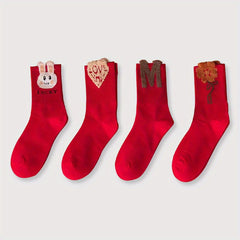 4 Pairs Cartoon Print Socks & Chinese Year Women's Stockings