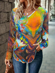  Phoenix Print Long Sleeve Round Neck Dress