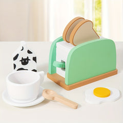 Wooden Kitchen Toy Pop Up Bread and Butter Toaster Set Play Bread Maker Kitchen