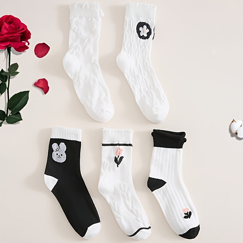 Paris Bunny & Floral Print Socks Women's Stockings