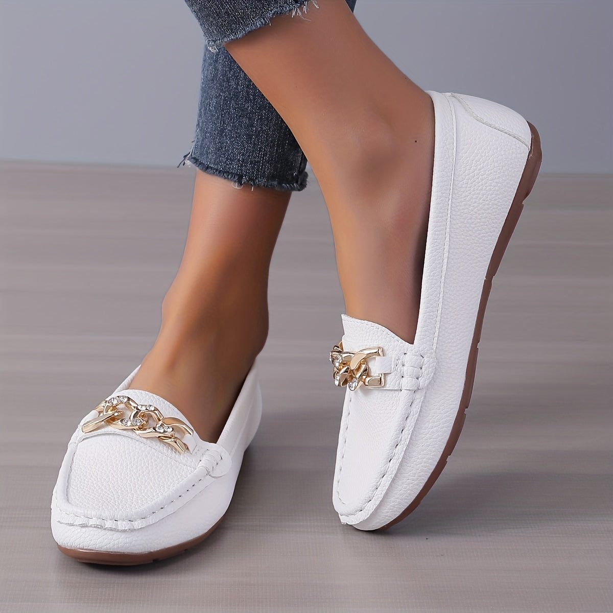 Chain Decor Flat Loafers with Rhinestone Soft Sole Slip On Shoes
