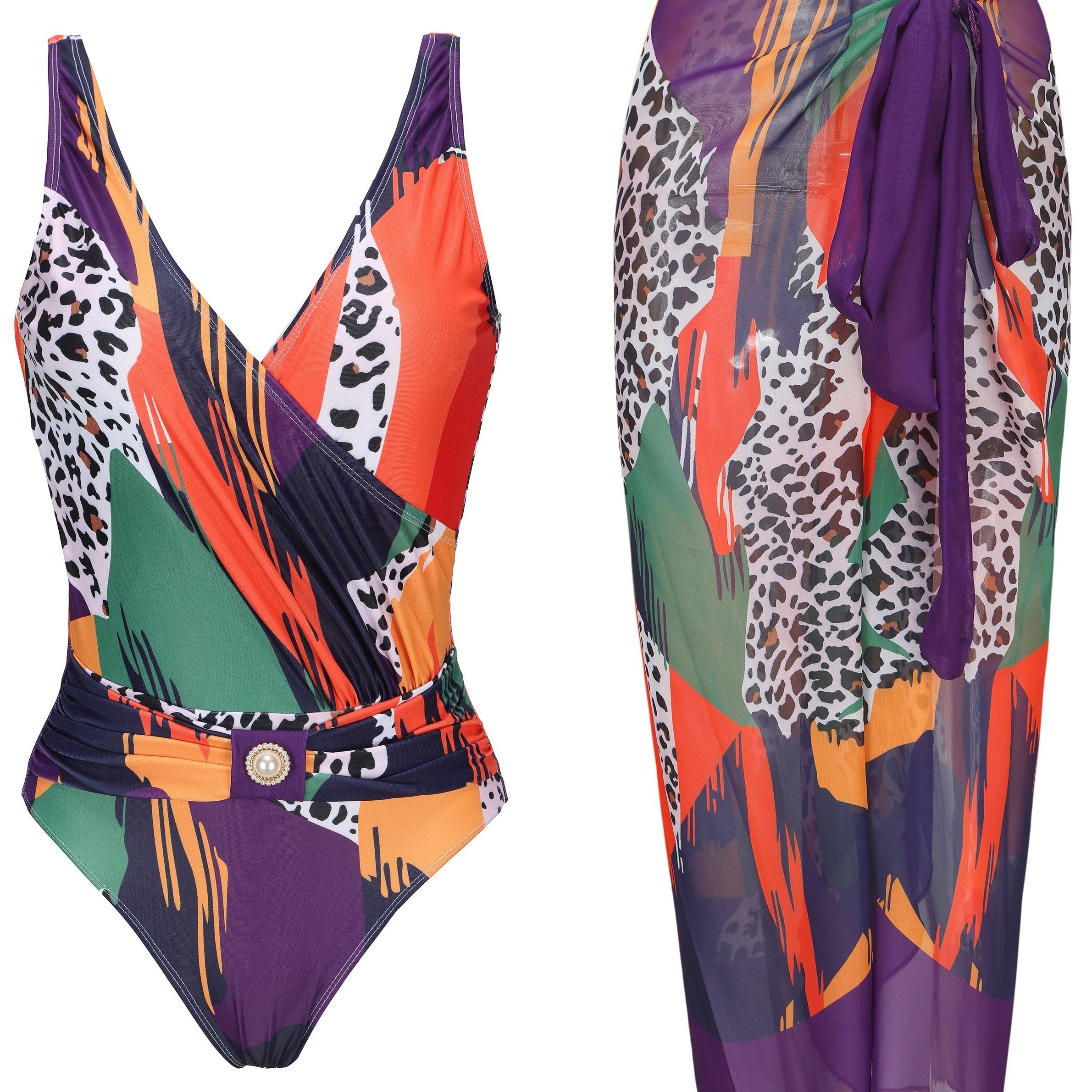 Animal Print Swimsuit Set with Cover Up Skirt