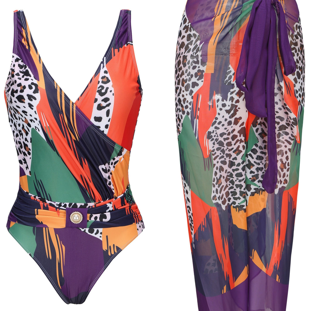 Animal Print Swimsuit Set with Cover Up Skirt