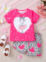 Girls Dancing Girl Graphic T Shirt & Heart Leopard Shorts Set