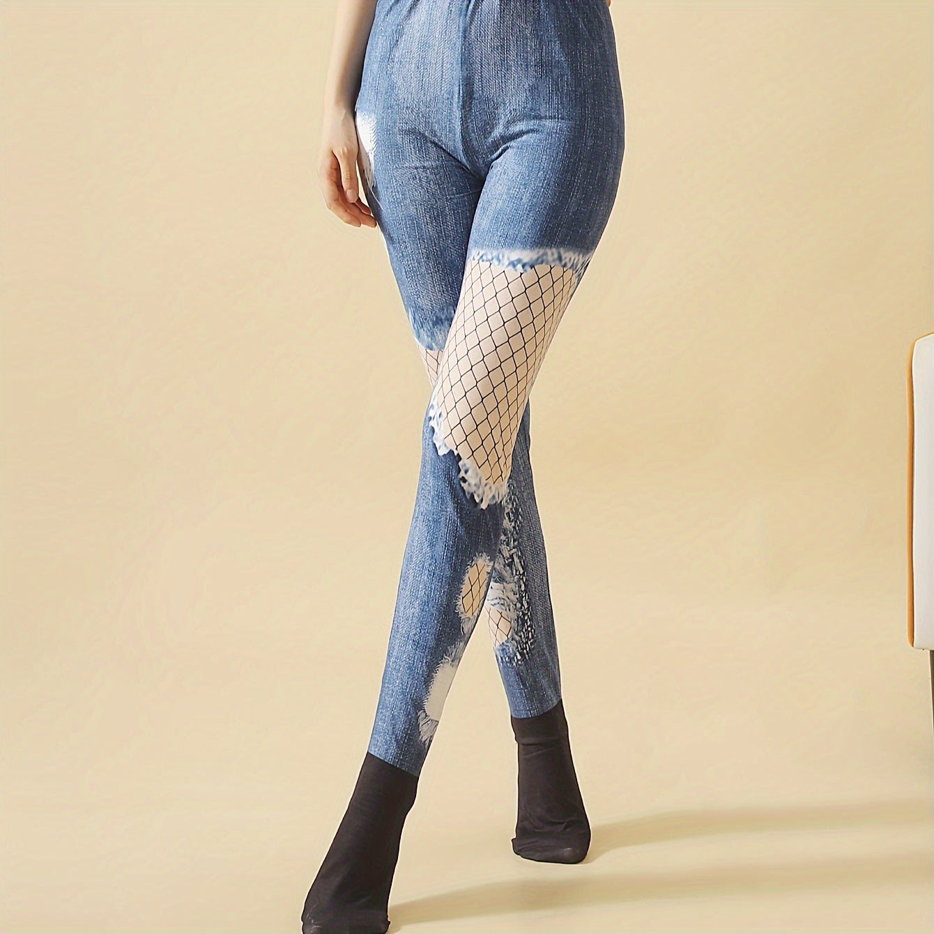 Denim Print High Waist Slim Pantyhose Women's Stockings