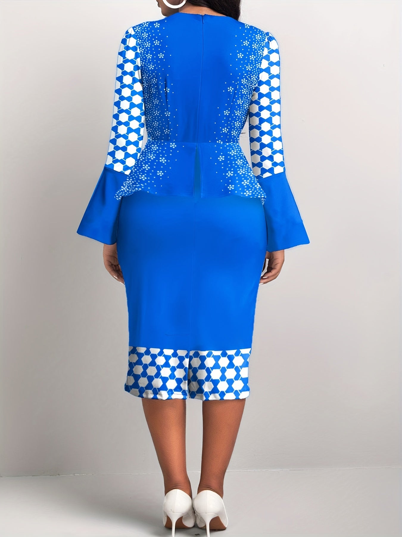  Colorblock Geometric Print Bell Sleeve Midi Dress