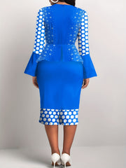  Colorblock Geometric Print Bell Sleeve Midi Dress