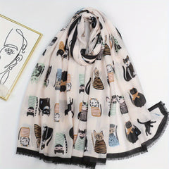 Kitty Printed Scarf Frayed Edge Cartoon Pattern Shawl