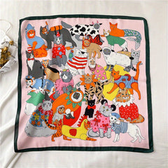 70 0cm Cat Cartoon Pattern Square Scarf Silk Feeling Headband For Women