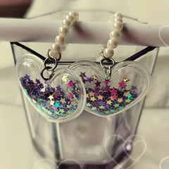Heart Shape & Five star Quicksand Pendant With Beaded Chain