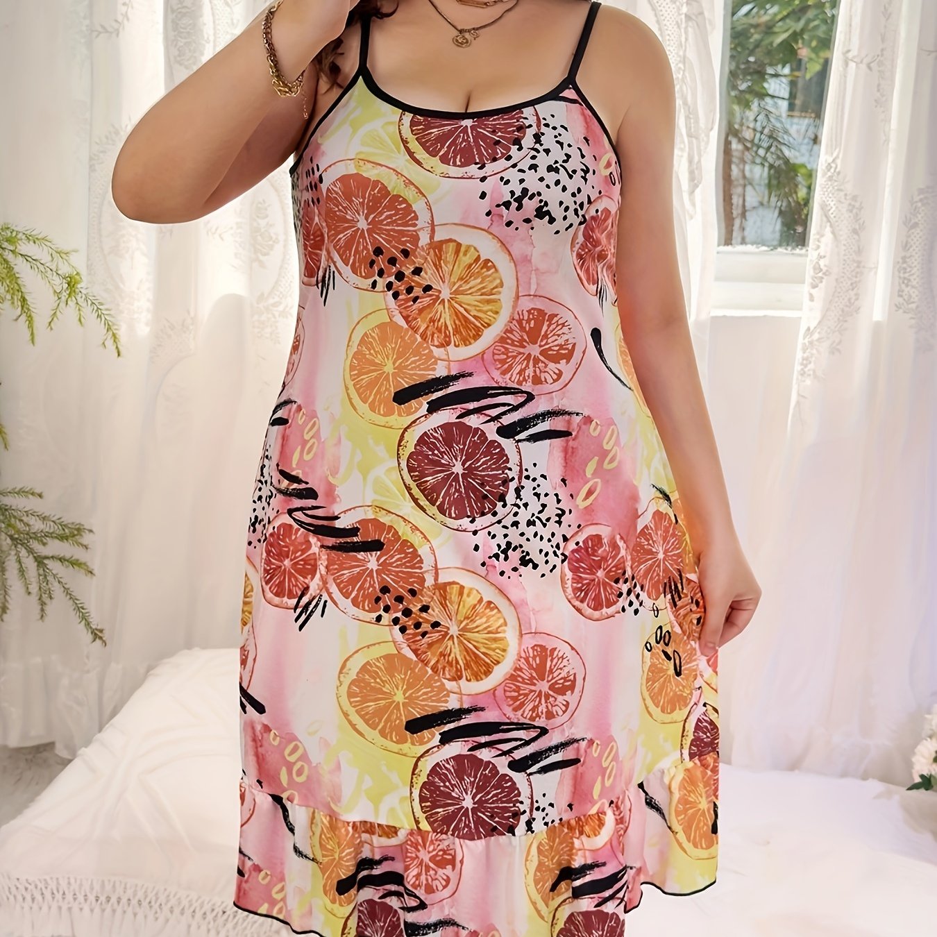  Orange Print Ruffle Trim Cami Sleep Dress