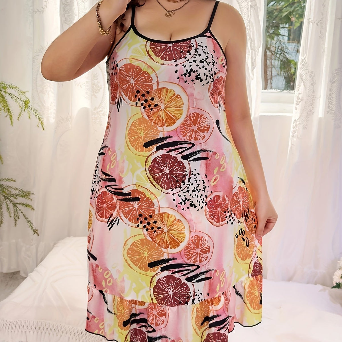  Orange Print Ruffle Trim Cami Sleep Dress