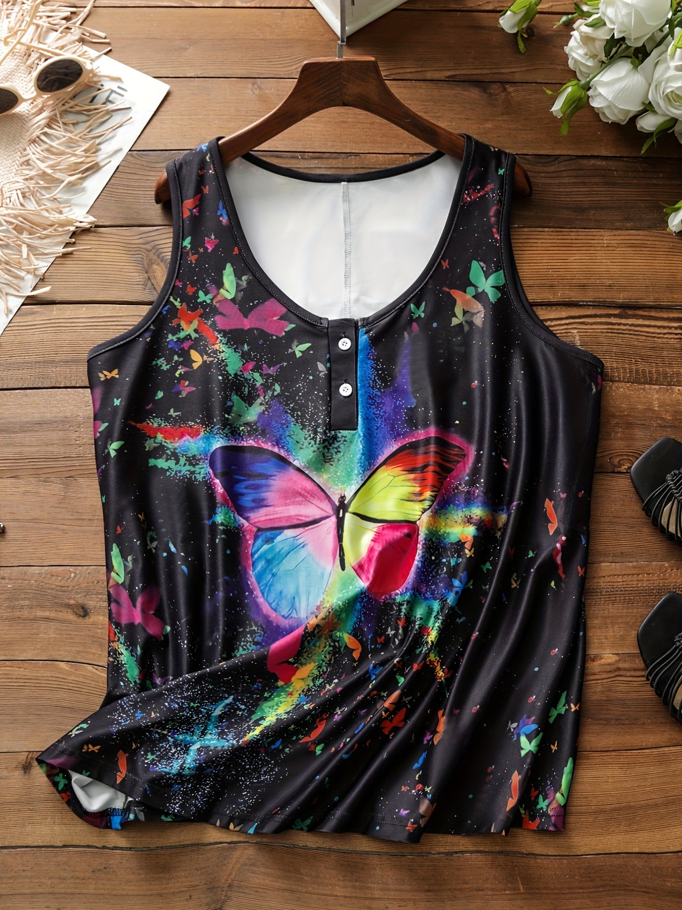  Tie Dye Butterfly Print Tank Top Round Neck Button Up Medium Stretch