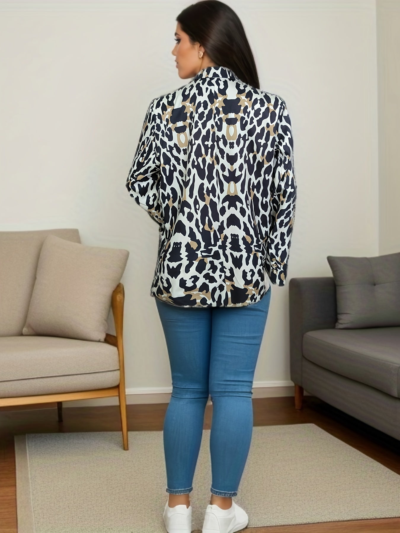  Leopard Print Button Decor Blazer