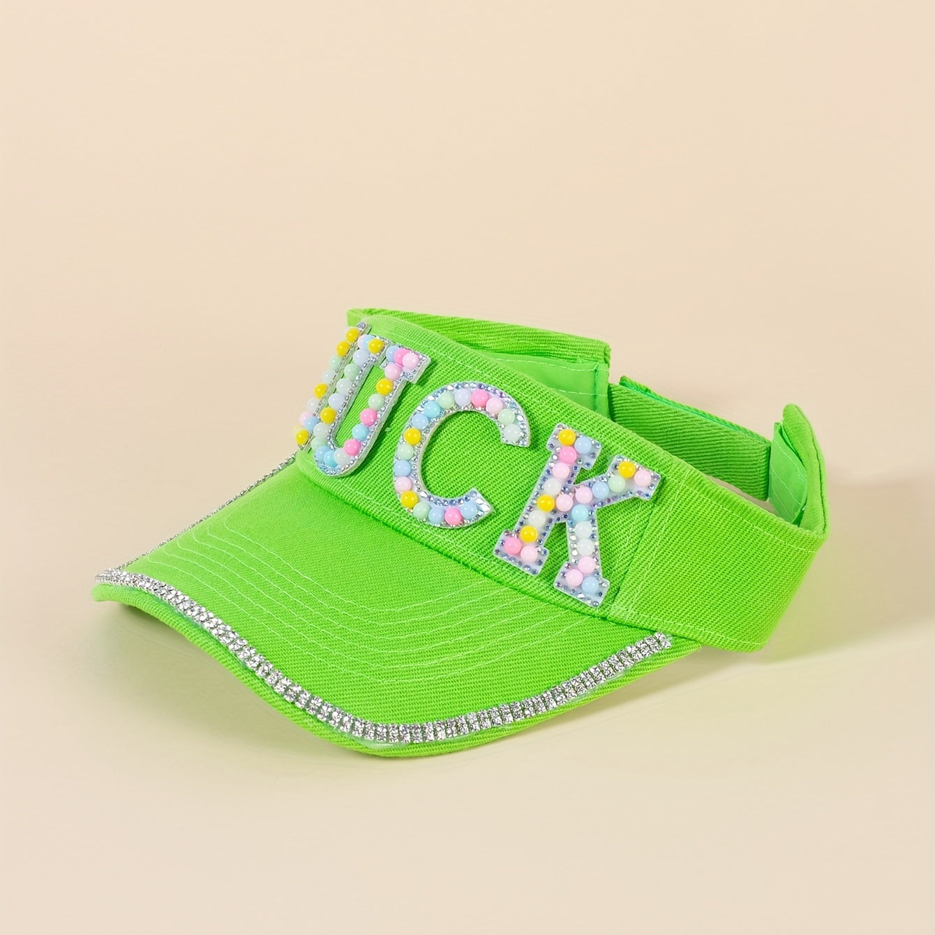 Green Visor Hat with Faux Pearl Rhinestone Decor