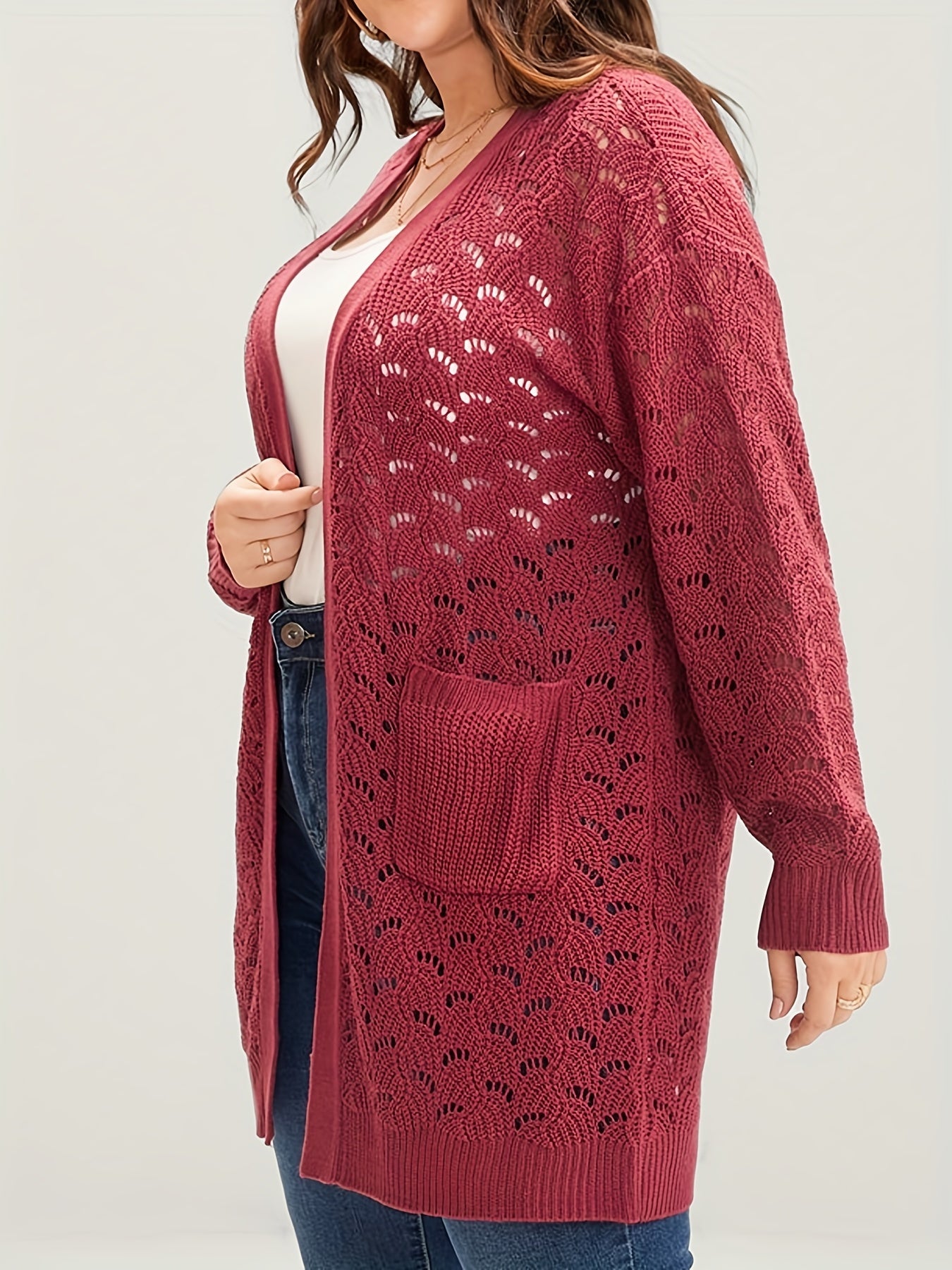  Casual Cardigan Women's Plus Hollow Knitted Long Sleeve Open Front Swe