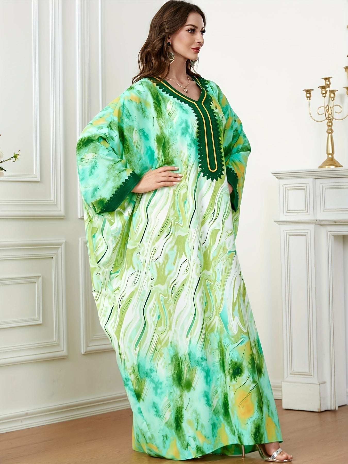  Abaya Dress Women's Plus Tie Dye & Fluid Print Batwing Sleeve V Neck