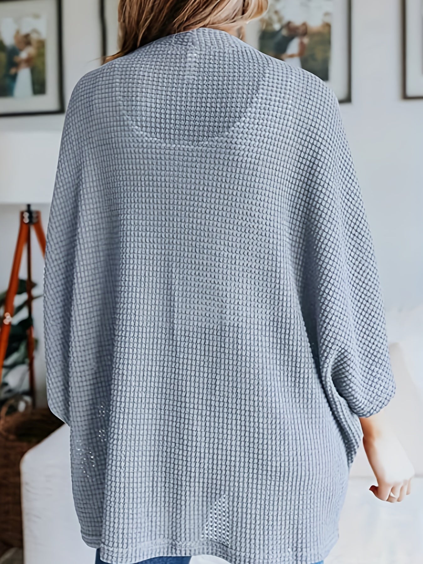  Casual Cardigan Women's Plus Waffle Pattern Bat Sleeve Open Front