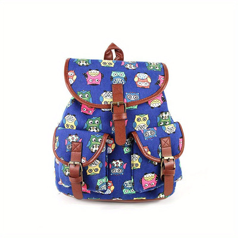Colorful Owl Print Flap Backpack Preppy Style School Bag Drawstring