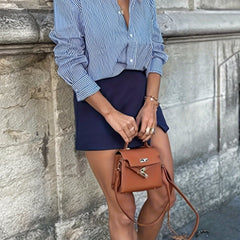  Stripe Print Button Up Long Sleeve Blouse