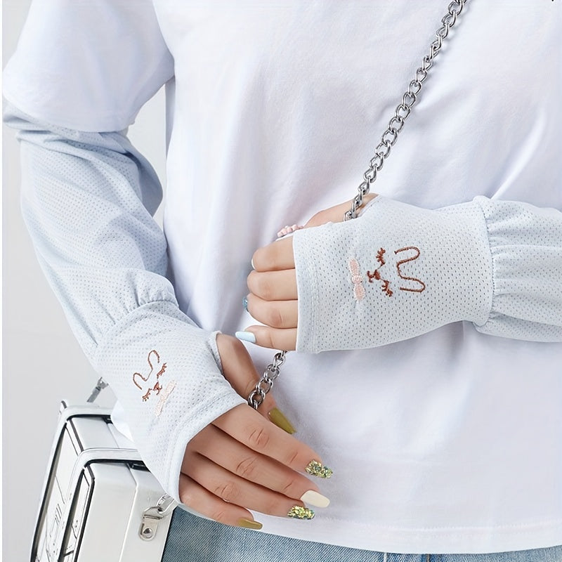 Rabbit Embroidery Long Gloves UV Protection Sleeves for Women