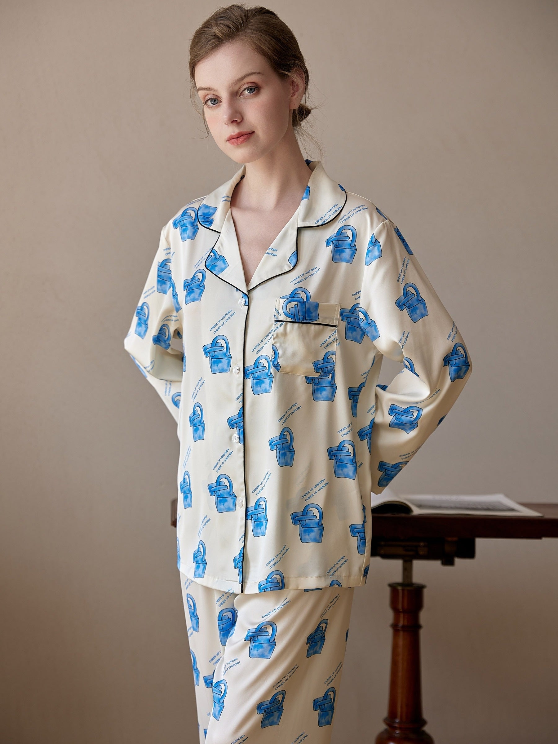 Locker Print Pajama Set Long Sleeve Top & Pants