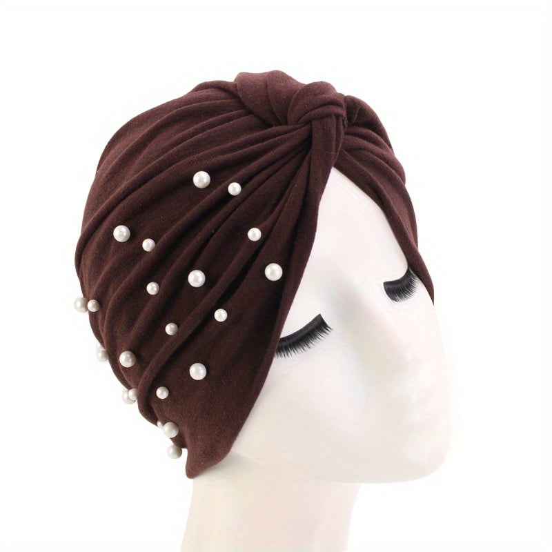 Faux Pearl Decor Turban Cap Solid Pleated Head Wrap