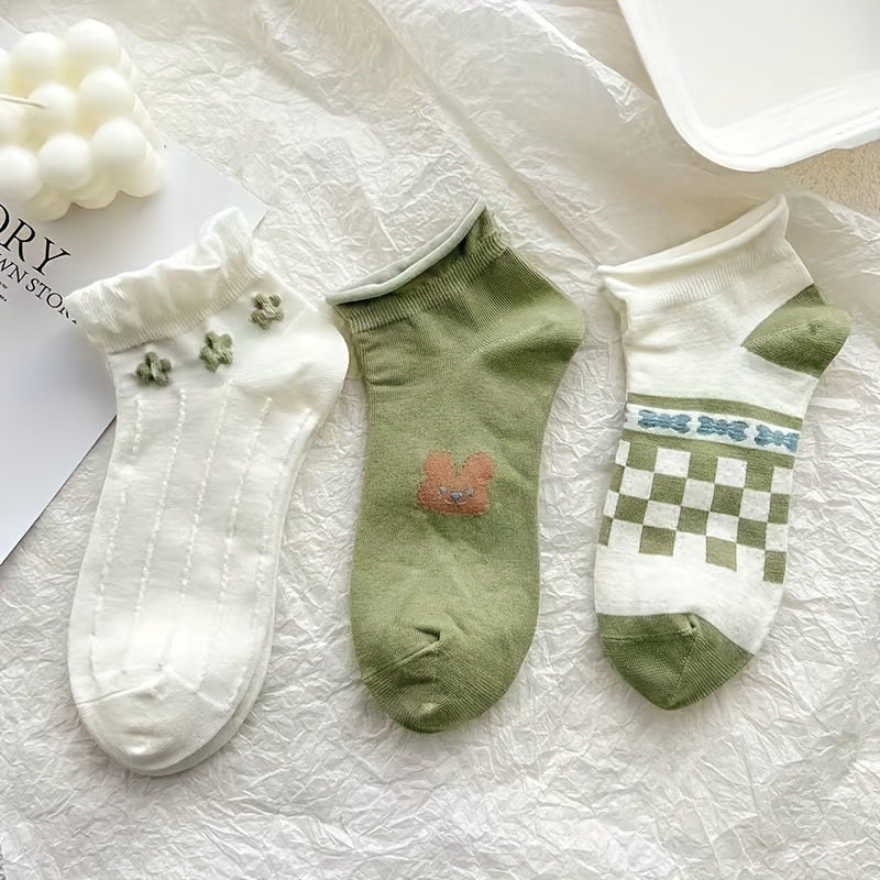 9 Pairs Cartoon Bear Print Socks & Low Cut Ankle Socks Women's Stockings