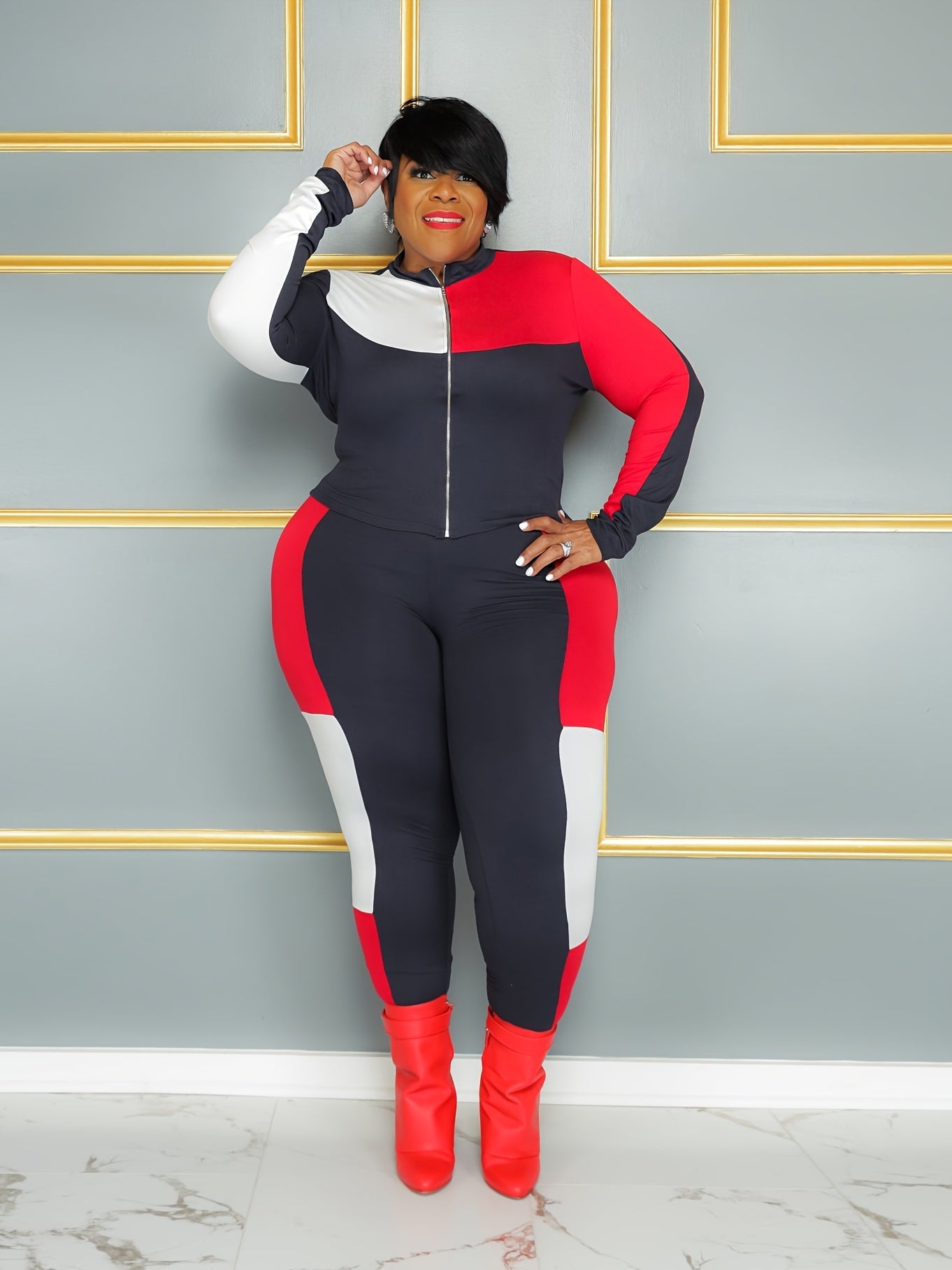  Colorblock Zip Coat & Sweatpants Set
