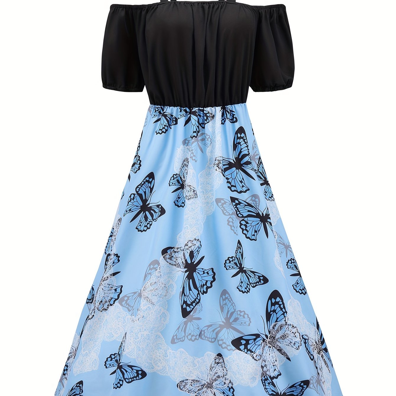  Butterfly Print Cold Shoulder Puff Sleeve A line Cami Dress