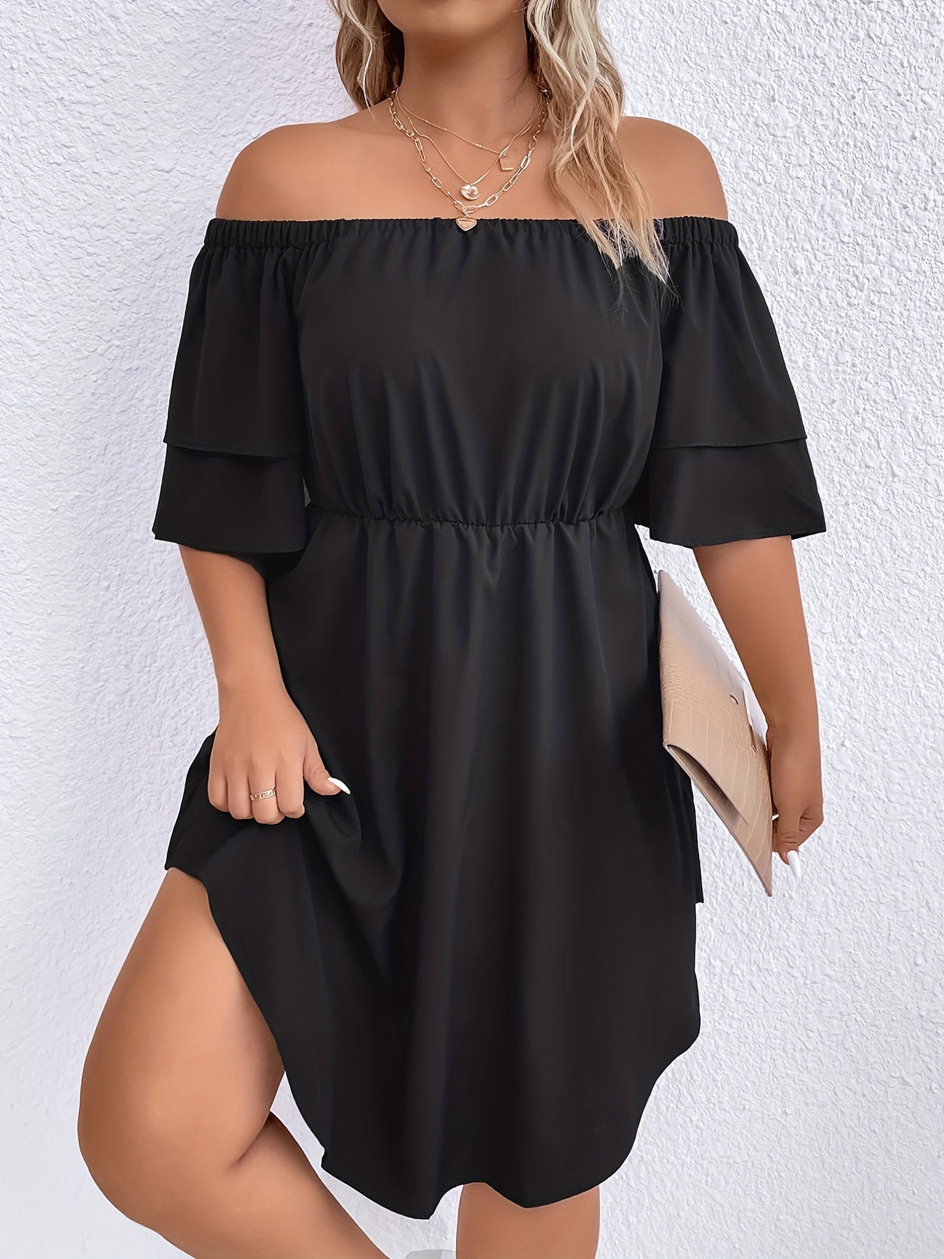  Off Shoulder Layered Sleeve Mini Dress