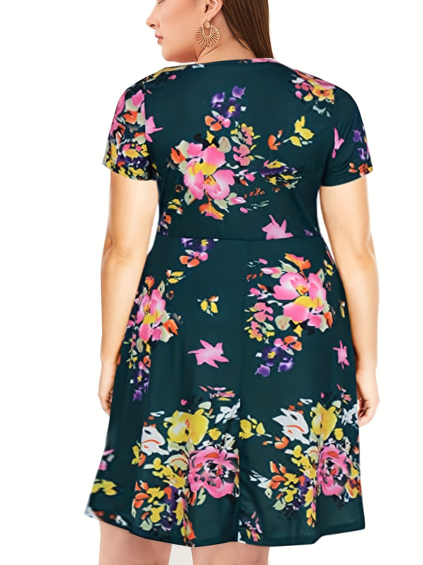  Floral Print Short Sleeve Casual Dress With Pockets