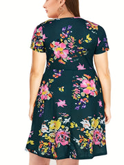  Floral Print Short Sleeve Casual Dress With Pockets
