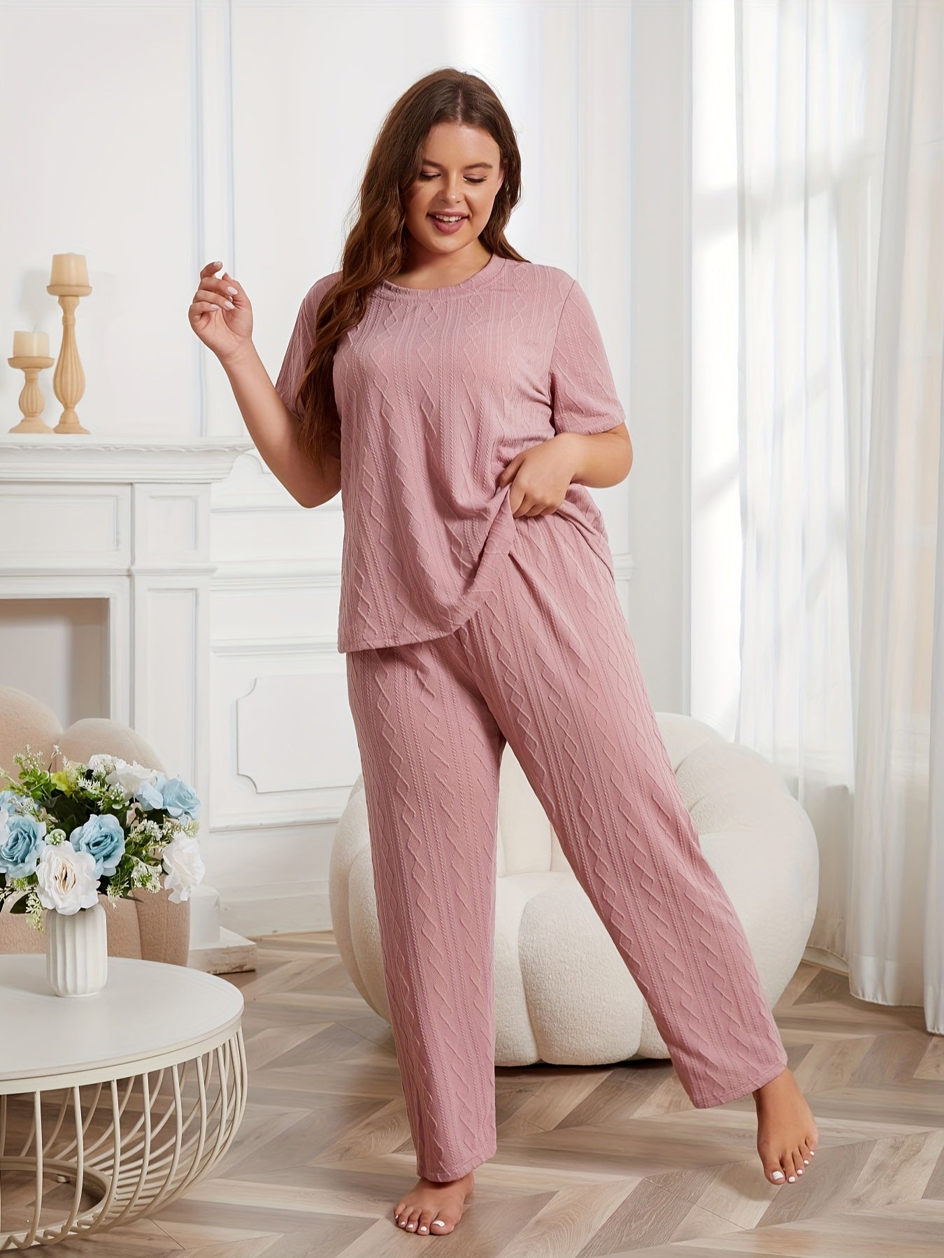  Casual Pajamas Set Solid Textured Short Sleeve Round Neck Top & Pants