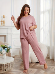  Casual Pajamas Set Solid Textured Short Sleeve Round Neck Top & Pants