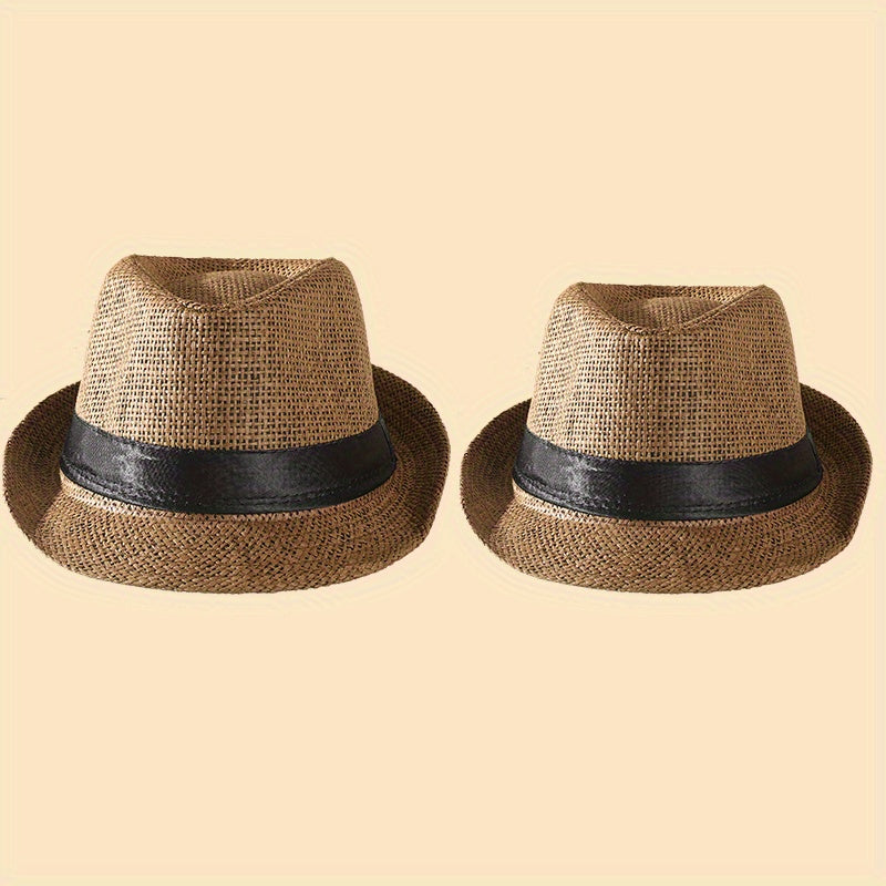 2pcs Straw Woven Belt Top Hat Sunshade Jazz Hat