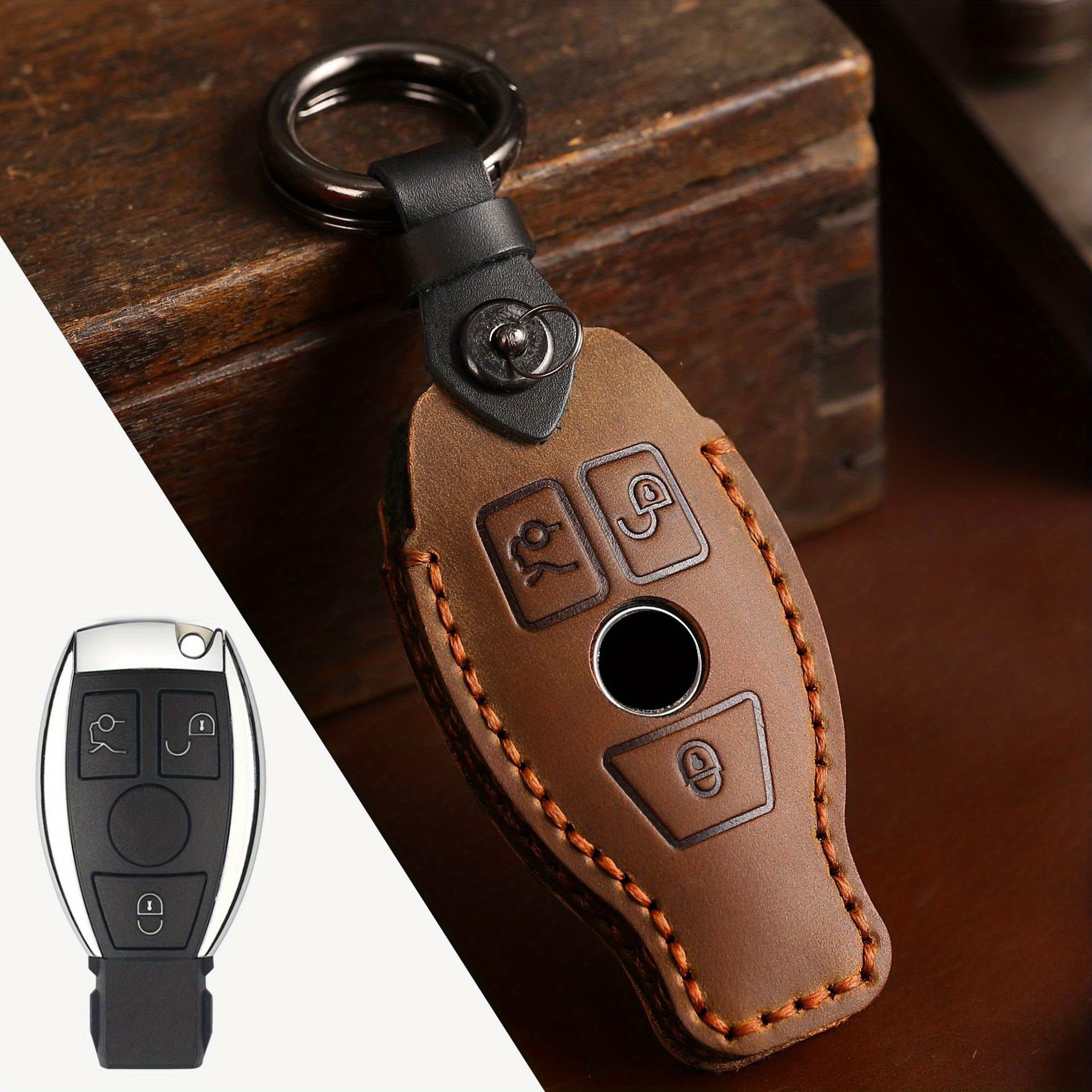 Benz First Layer Leather Keychain Vintage Car Key Protective Case
