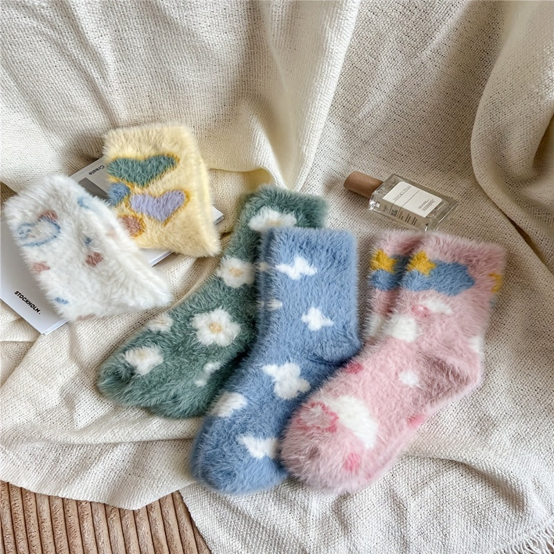 5 Pairs Heart & Floral Print Socks Fuzzy Warm Women's Stockings