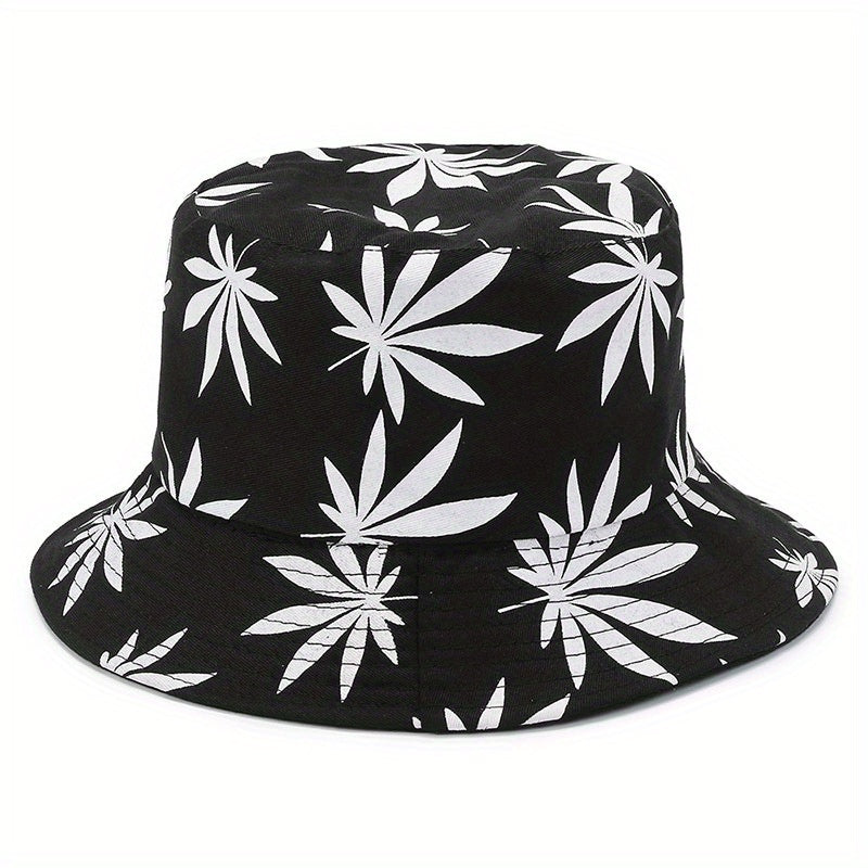 Leaf Print Reversible Bucket Hat Casual Sun Hat For Fishing Travel
