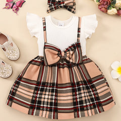 2pcs Baby Girls Splicing Suspender Dress Bow Plaid Dress Set