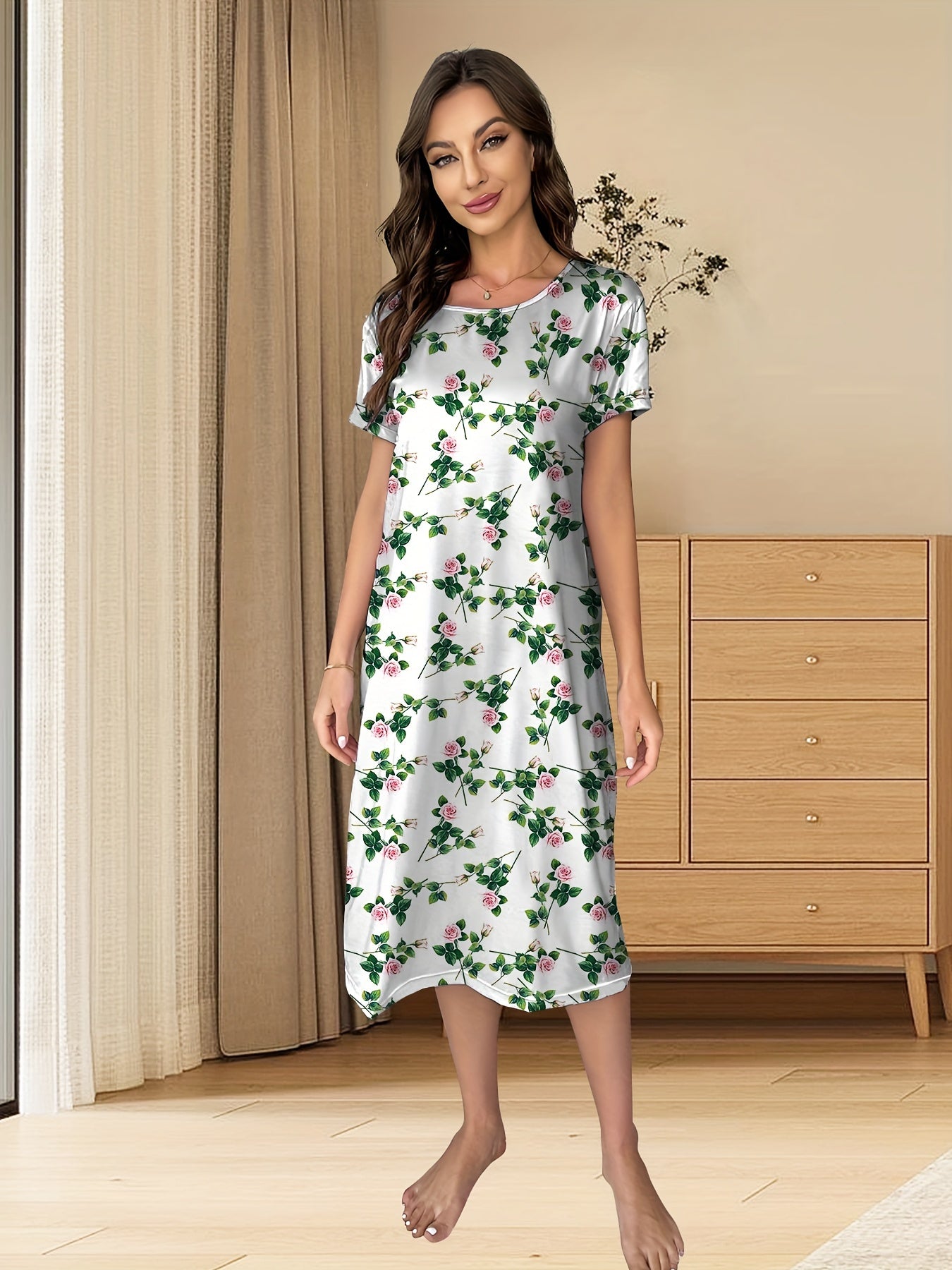 Floral Print Lounge Dress Short Sleeve Crew Neck Women's Loungewear