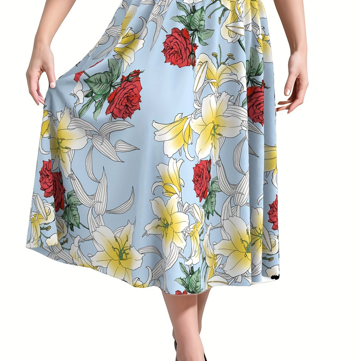 Skirt Women's Plus Rose & Lily Print Elastic High Waist Skirt