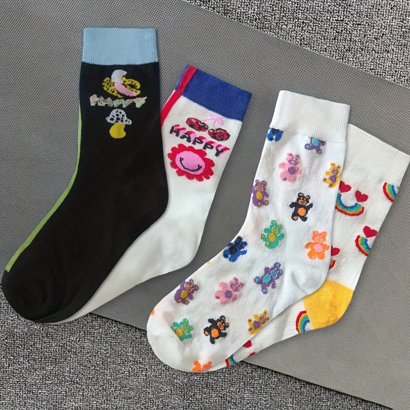 4 Pairs Letter & Cartoon Print Socks Comfy & Mid Tube Women's Stockings
