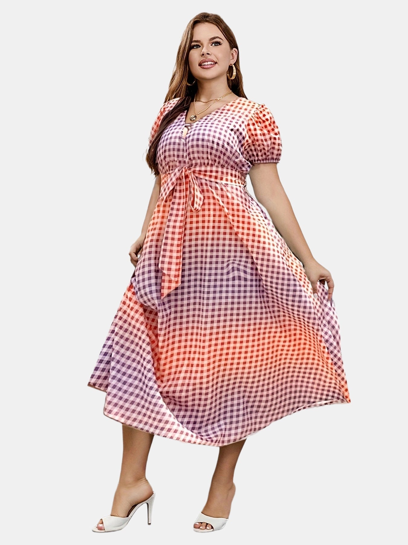  Women's Ombre & Gingham Print Maxi Dress